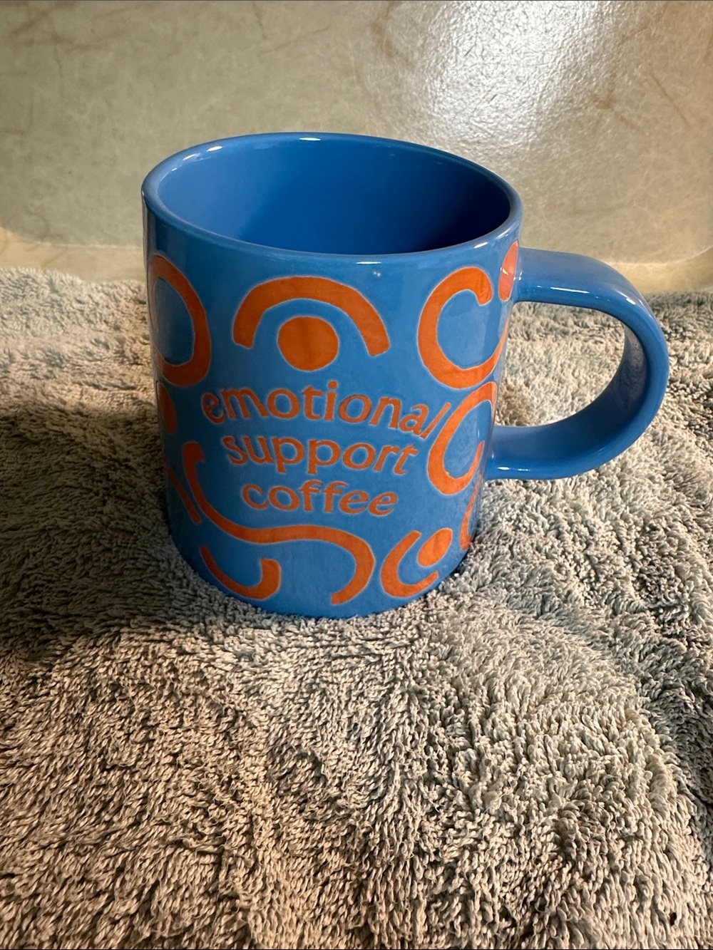 Room Essentials Blue Ceramic Mug with Orange Accent Text